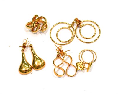 Lot 270 - A pair of 9 carat gold stud earrings; three pairs of 9 carat gold drop earrings; and two...