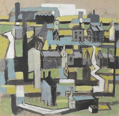 Lot 686 - David George Fawcett ATD, FRSA (1935-1973) Terraced houses and chimneys Charcoal and gouache on...