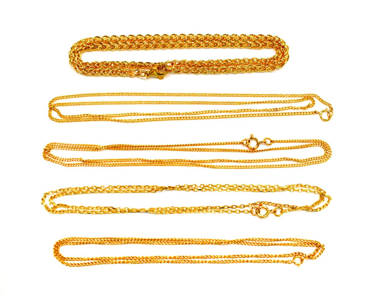 Lot 272 - Four 9 carat gold chains; and a chain with clasp stamped '750', varying lengths and designs