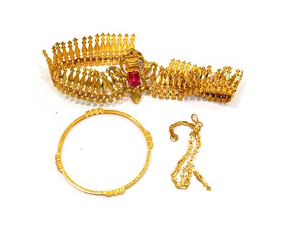 Lot 278 - An Eastern yellow metal gem set necklace, stamped '22CT' (a.f.); and a bangle stamped '22K'