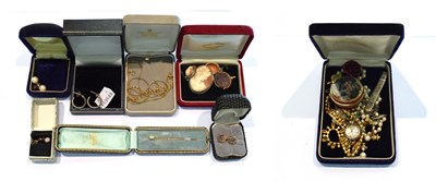 Lot 281 - A 9 carat gold hardstone swivel fob; an opal stick pin, cased; two pairs of earrings. one...