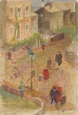 Lot 687 - David George Fawcett ATD, FRSA (1935-1973) Street scene with figures Inscribed verso, pencil...