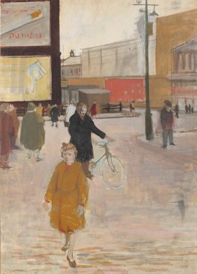 Lot 688 - David George Fawcett ATD, FRSA (1935-1973) Street scene with figures Inscribed verso, pencil,...