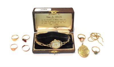 Lot 299 - A 9 carat gold watch; a 9 carat gold locket; a 9 carat gold signet ring, finger size L1/2;...