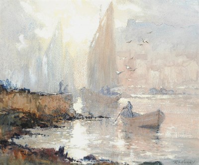 Lot 692 - Robert Leslie Howey (1900-1981) Fishermen in boats on the river Esk, early morning Signed,...