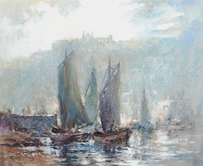 Lot 693 - Robert Leslie Howey (1900-1981) Figures in fishing boats beside a quay on the river Esk, Whitby...