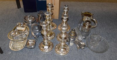 Lot 346 - A group of silver-plate items including six candlesticks, an asparagus set together with a...