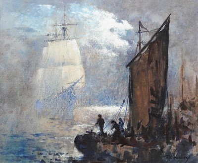 Lot 694 - Robert Leslie Howey (1900-1981) Figures in fishing boats with a sailing vessel in the distance...