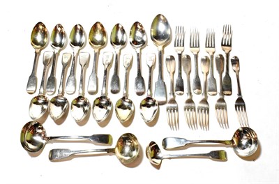 Lot 361 - A collection of George III and Later Fiddle pattern flatware, comprising: one table-spoon; nine...