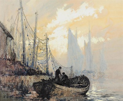 Lot 695 - Robert Leslie Howey (1900-1981) Figures in a fishing boat beside a quayside drying their nets,...