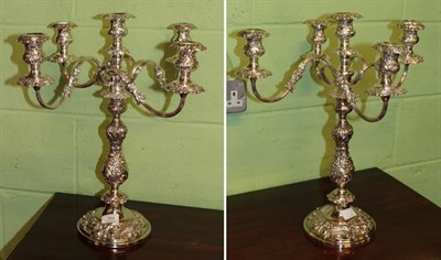 Lot 364 - A pair of silver-plated five-light candelabra, 19th century, each on circular base, stamped...