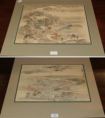 Lot 387 - A pair of late 19th/early 20th century Japanese watercolours depicting farmers in landscapes