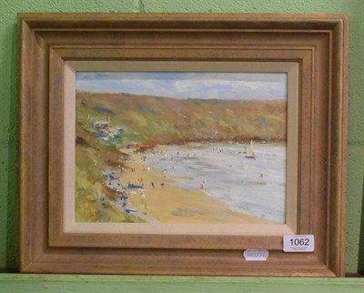 Lot 1062 - N Baker (20th century) The beach at Filey, signed, oil on board, 19.5cm by 27cm