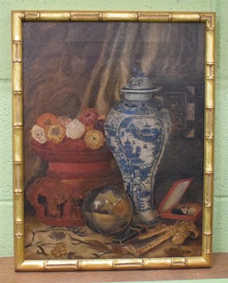Lot 1071 - British School (19th century) Still life of a Chinese Chien Lung vase, portrait miniature and...