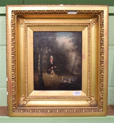 Lot 1073 - English School (19th century) A naive hunter with hound in woodland, unsigned, oil on canvas,...