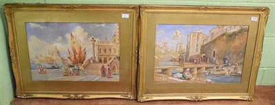 Lot 1076 - Trevor Haddon (1864-1941) A pair of watercolours of figures in Venetian streets, signed, 36.5cm...