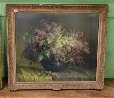 Lot 1080 - British School (20th century) Still life of Lilac in a bowl, indistinctly signed oil on canvas,...