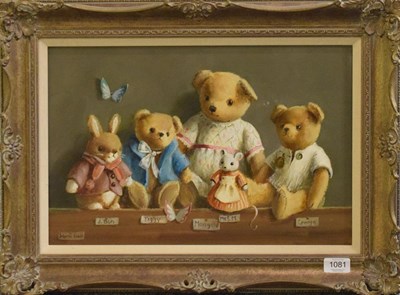 Lot 1081 - Deborah Jones (1921-2012) Marigold and the family, signed, oil on canvas, 29.5cm by 45cm...