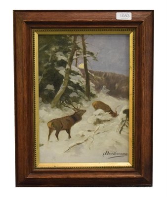 Lot 1083 - Prof Johann Christopher Drahtmann (German 1856-1932) ''Hirschrudel im Winter'', Deer in winter,...