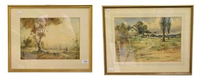 Lot 1084 - W Young, Mounted shepherd herding sheep; together with a 19th century watercolour, indistinctly...
