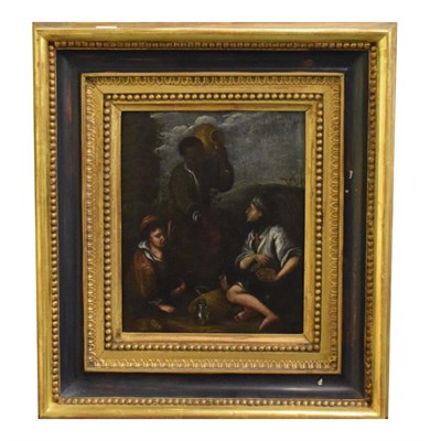Lot 1089 - After Murillo, Three figures eating and drinking in landscape, oil on panel, 28.5 cm by 23.5cm