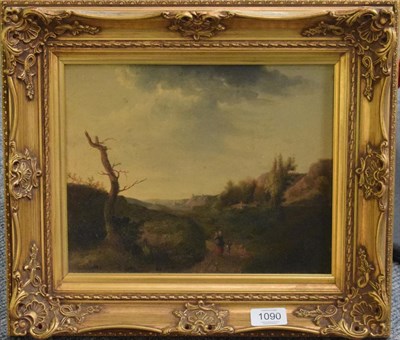 Lot 1090 - French School (early 19th century) Figures walking down a path in countryside, oil on board,...