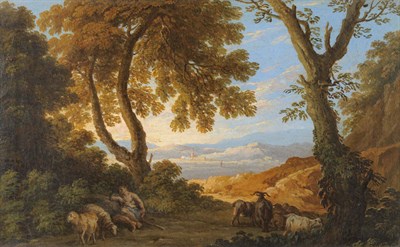 Lot 704 - Follower of Andrea Locatelli (18th century) Italian Wooded landscape with shepherd, sheep and goats