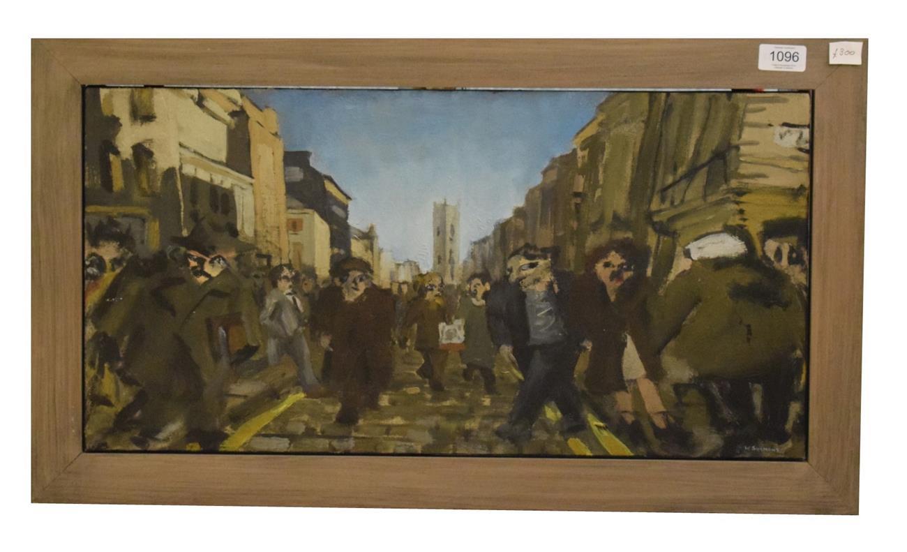 Lot 1096 - Will Simmons (Contemporary) ''Bold Street Shoppers'', oil on board, signed, 31cm by 60.5cm
