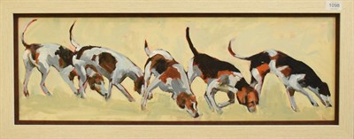 Lot 1098 - Lesley Heath (Contemporary) ''Hounds I'', acrylic on board, 25cm by 75cm