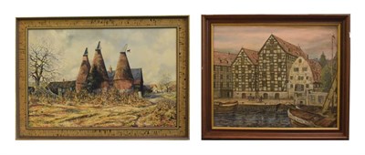 Lot 1102 - Polish school (Contemporary) Townscape with moored boats, signed and inscribed verso, oil on...