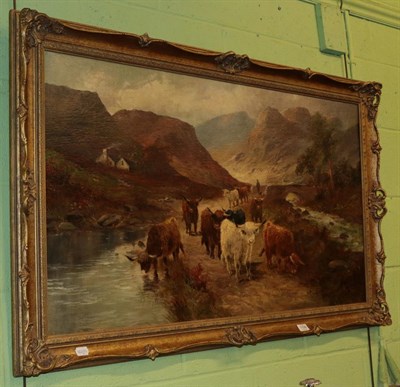 Lot 1108 - A Lewis (19th/20th century) Highland cattle with drover, signed and dated 1912, oil on canvas,...