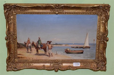 Lot 1109 - *C Parr? Bedouin horseman by the coast, signed, oil on canvas, 25.5cm by 44cm