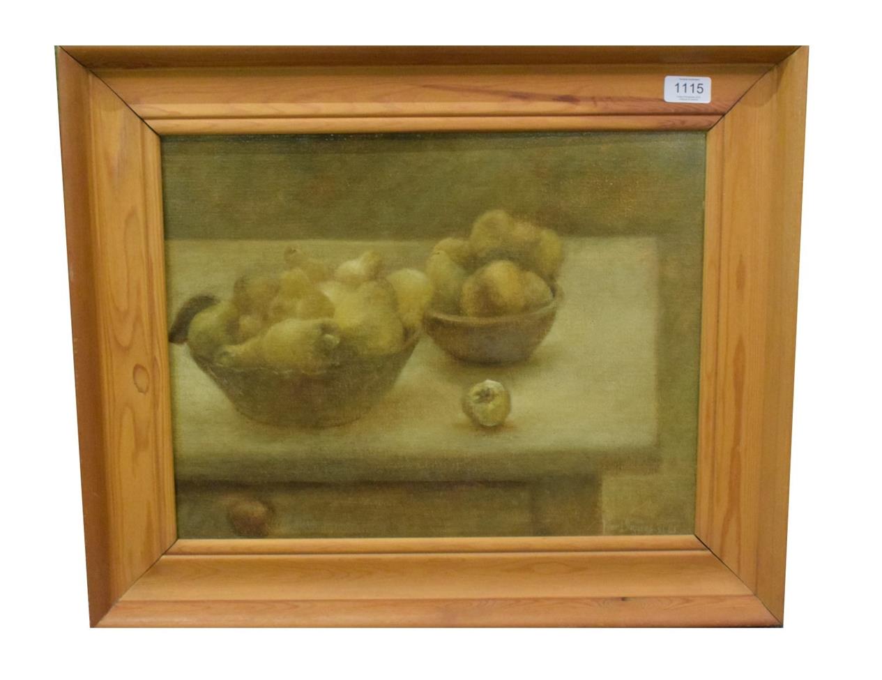 Lot 1115 - Ivor Davies MBE (b.1935) Still life of pears, oil on canvas, 34.5cm by 45cm  Purchased directly...