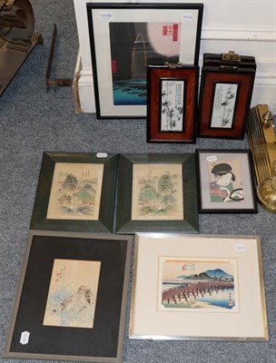 Lot 1119 - Three Japanese woodblock prints; a set of four painted porcelain panels and three others (10)