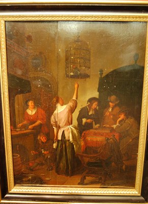 Lot 707 - After Jan Steen (18th century) "The parrot's cage", figures in an interior Oil on panel, 44cm...