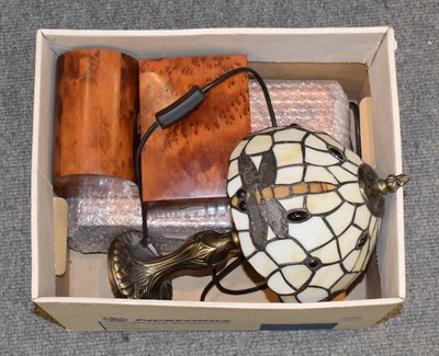 Lot 1124 - A Tiffany style table lamp and three wooden figured boxes (4)
