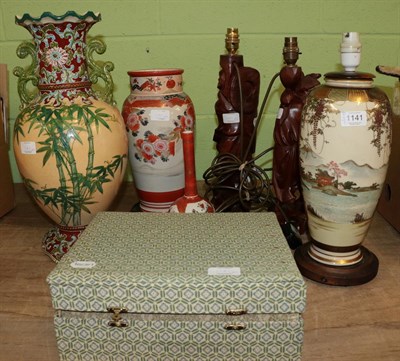 Lot 1141 - A Japanese Satsuma lamp; a Japanese vase; a Kutani baluster vase and a Kutani bottle vase;  Chinese
