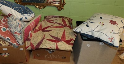 Lot 1149 - Three boxes of assorted furnishing textiles including cushions, remnants of fabric etc