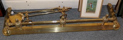 Lot 1164 - A brass fire curb; a pair of andirons; and a pair of matching fire tools
