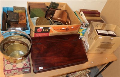 Lot 1168 - A quantity of metal wares, biscuit tins, copper kettle, writing slope etc