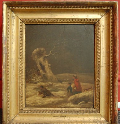 Lot 713 - Attributed to Thomas Hand (1771-1804) Travellers and their dog in a winter landscape Inscribed with