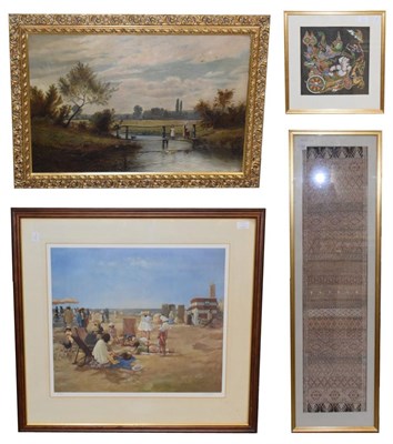 Lot 1192 - A needlework panel; a Tibetan painted silk; an oil on canvas; and a print (4)