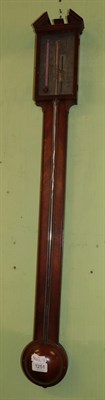 Lot 1251 - A George III mahogany stick barometer, the exposed mercury tube with single vernier, the...