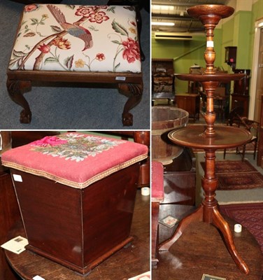 Lot 1270 - A 1920s walnut dressing stool on ball and claw feet; a mahogany box stool with hinged lid; and...