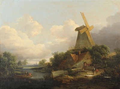 Lot 732 - Circle of Edward Charles Williams (1807-1881) River landscape with figures beside a windmill Oil on