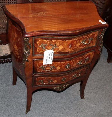 Lot 1396 - A 20th century Louis XV style marquetry inlaid three-drawer chest with gilt metal mounts, 70cm wide