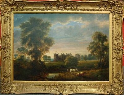 Lot 734 - Attributed to Joseph Miller (19th century) Raby Castle, with figures and cattle in the...