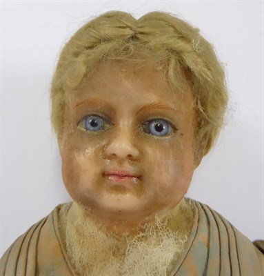 Lot 2004 - 19th Century Wax Shoulder Head 'Quaker' Doll, with blue glass eyes, painted eyelashes, eyebrows and