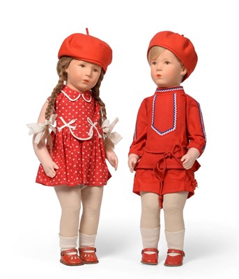 Lot 2009 - Pair of Circa 1950's Käthe Kruse Dolls, the little boy is dressed in a red cotton long sleeved top