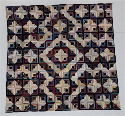 Lot 2019 - Late 19th Century Log Cabin Patchwork Quilt, comprising silk and velvet patches, with pale blue...